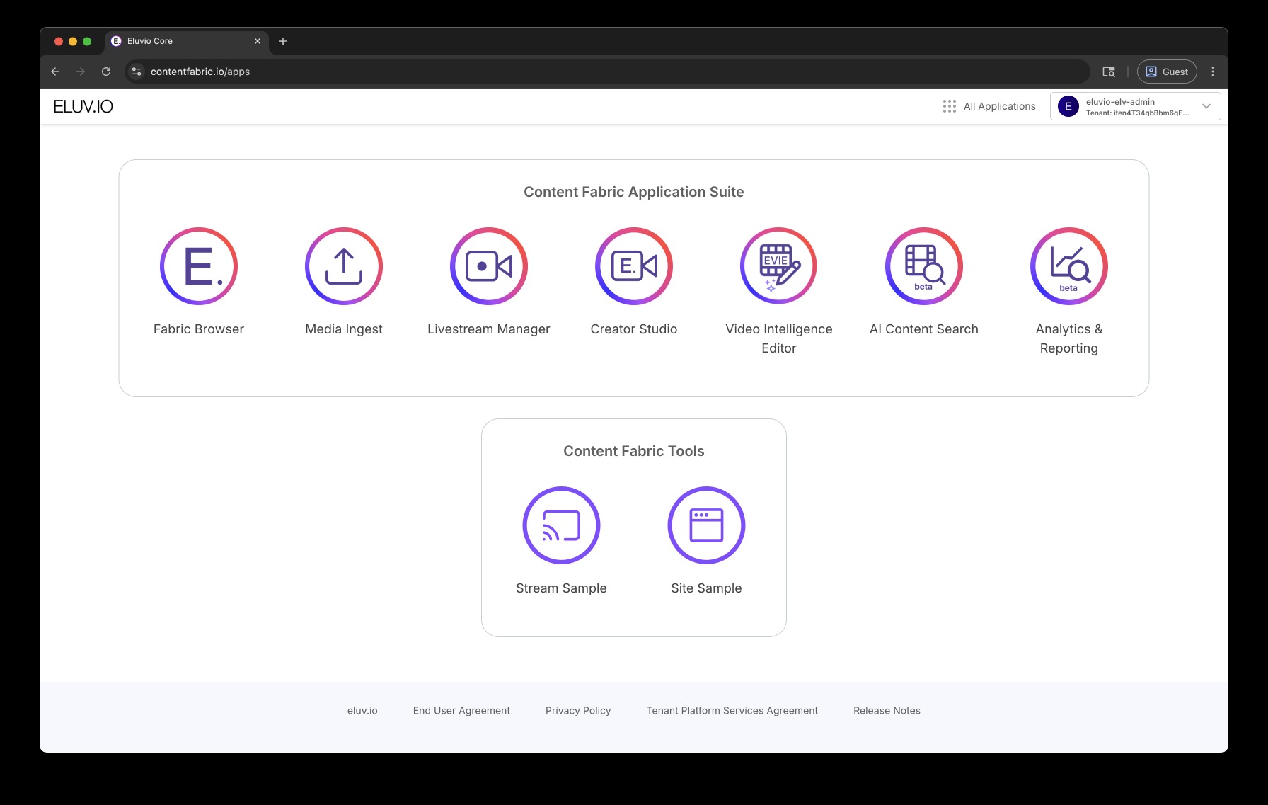 Eluvio Content Fabric application suite with tools for media ingest, livestream management, creator studio, video editing, search and analytics