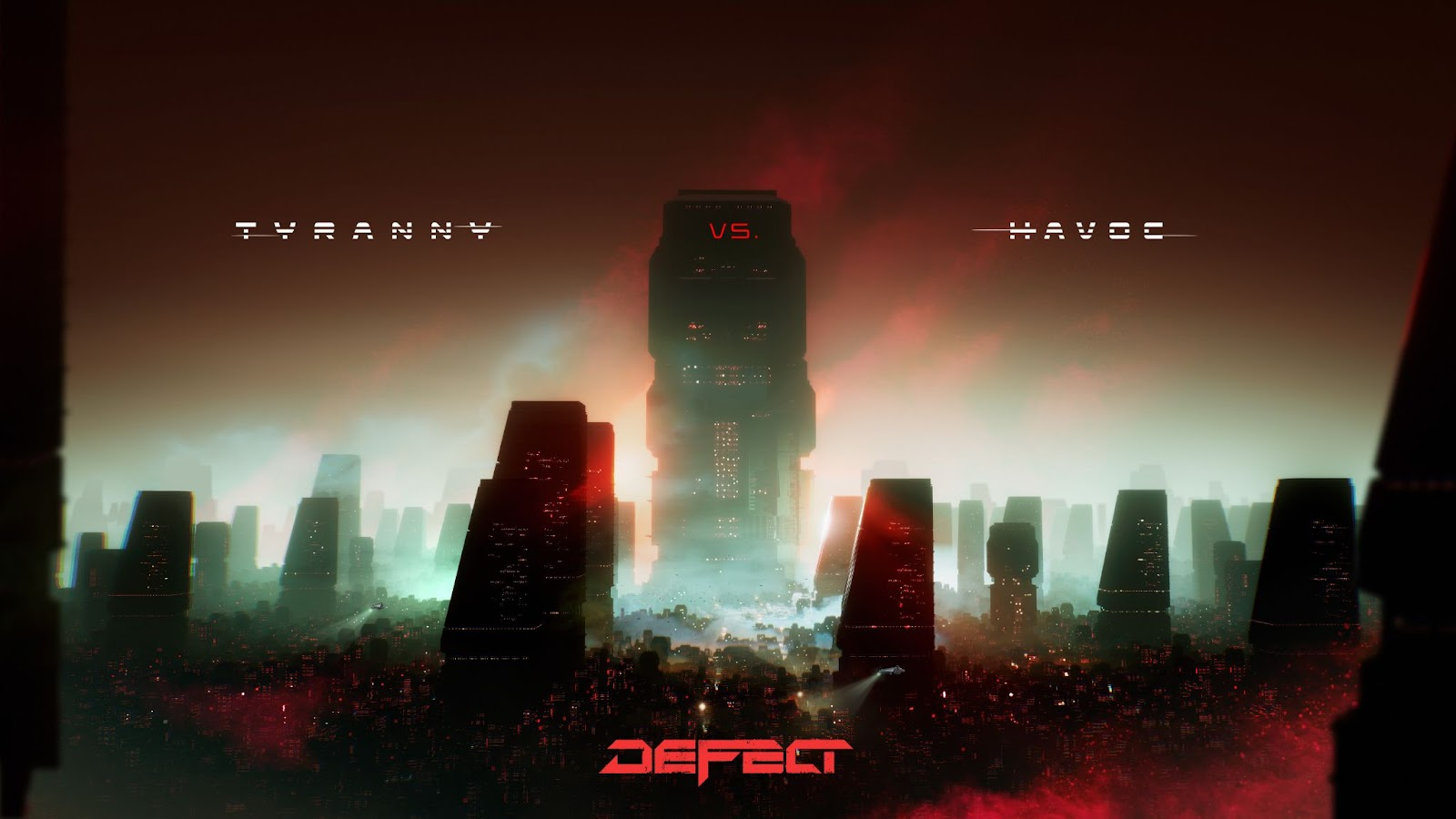 DEFECT promotional artwork showing a dense futuristic skyline beneath the words tyranny versus havoc