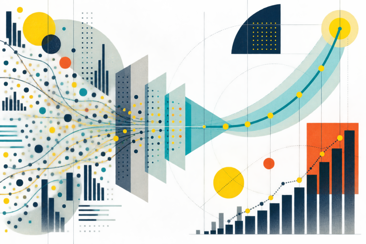 Abstract Swiss-style illustration of scattered data points being filtered into clear forecast curves