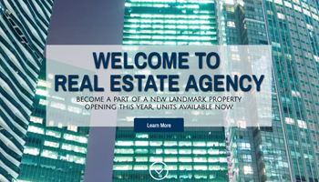 An emaze real estate website template displayed over a city building photograph