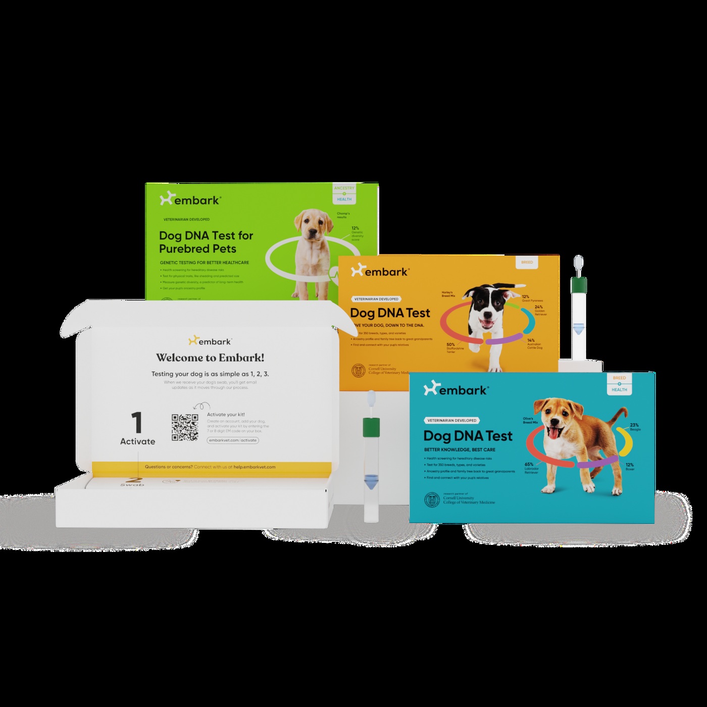Embark consumer dog DNA test packages and sample collection components