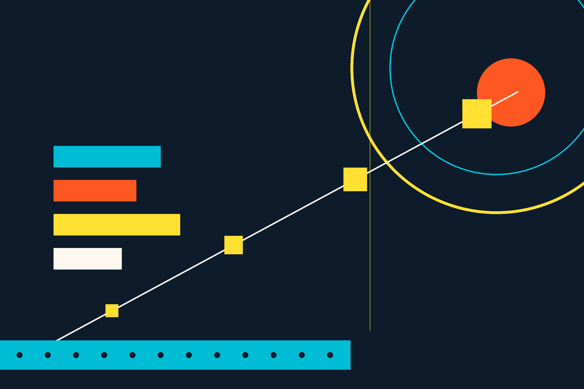 Swiss-style graphic showing an ascending trajectory, orbit rings and stacked bars in navy, yellow, teal and orange