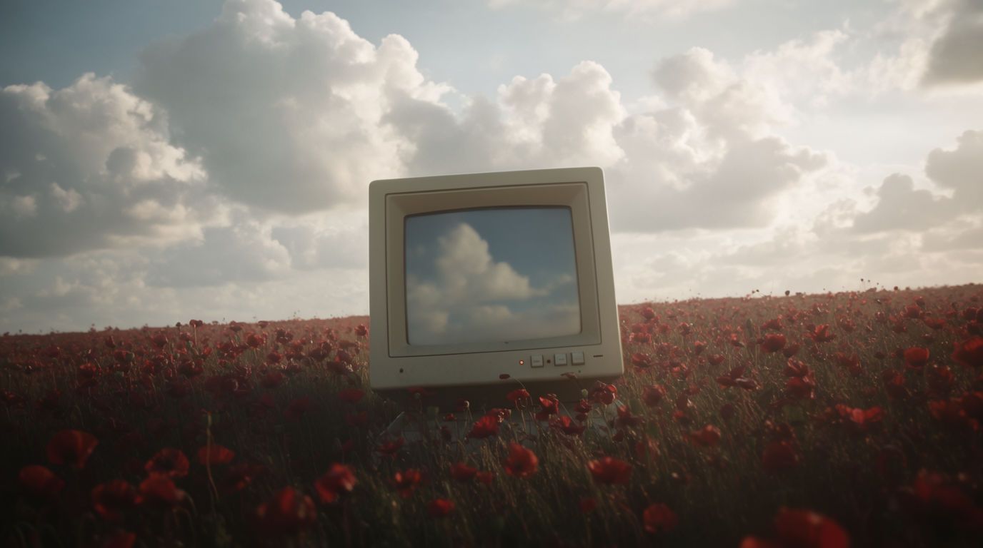 FLORA editorial artwork showing an old computer monitor in a field of red flowers