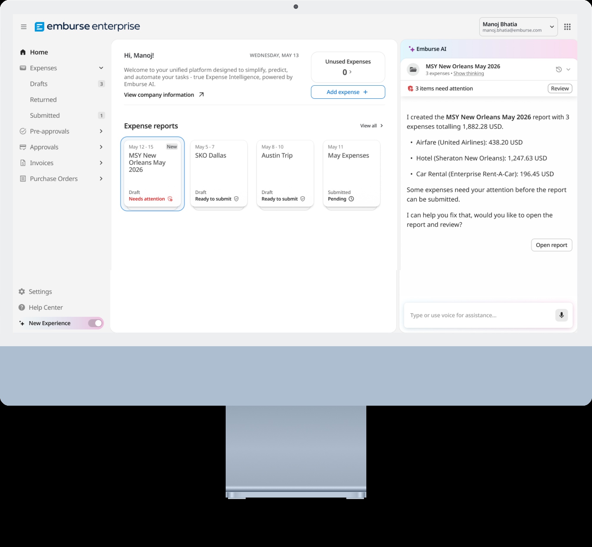 Emburse Enterprise promotional dashboard showing expense reports and an AI assistant identifying items needing attention