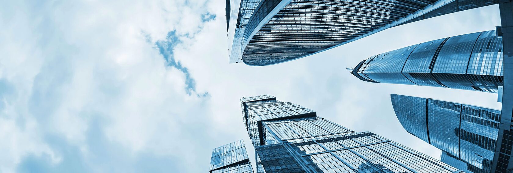 Moscow City glass towers seen from street level