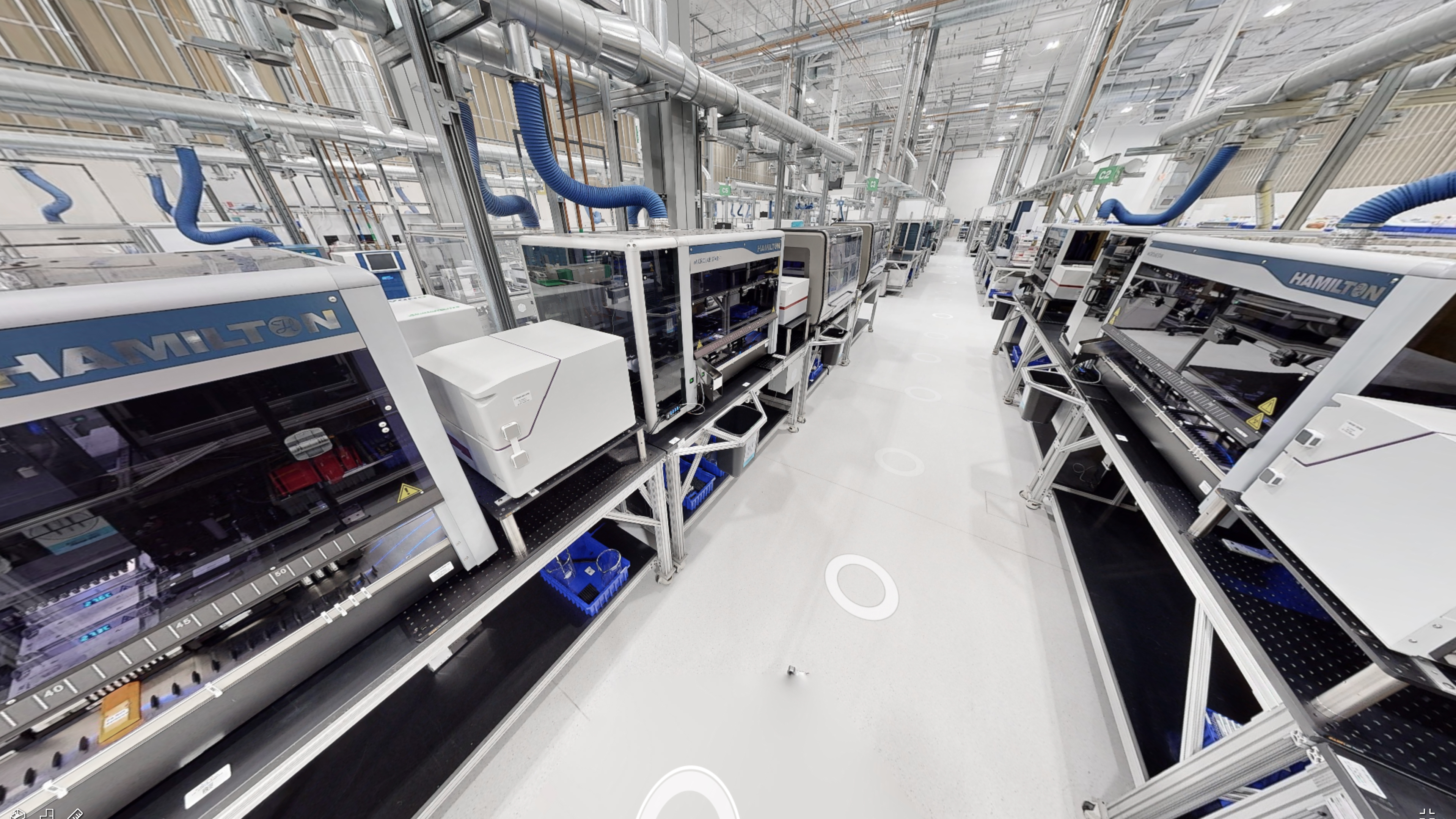 Rows of Hamilton laboratory instruments in Emerald Cloud Lab’s Austin facility virtual tour