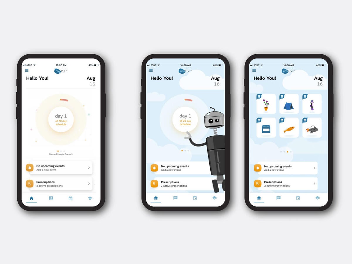 Smith+Nephew myTSF mobile app interface, including adult and pediatric home screens