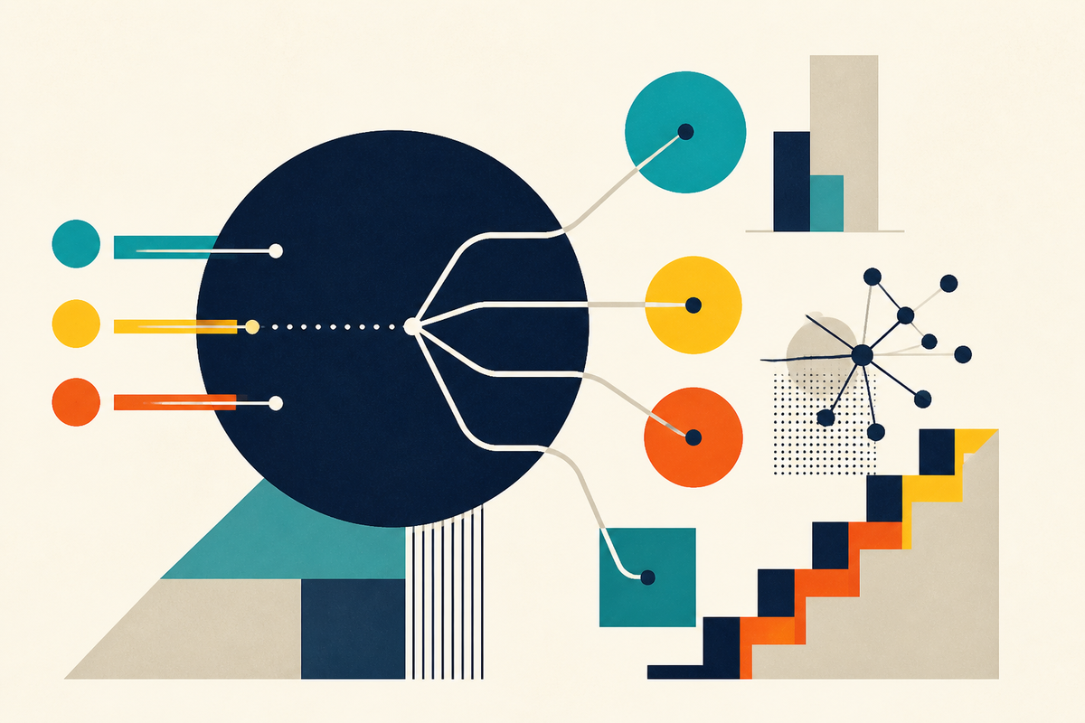 Abstract Swiss-style composition showing pathways branching from one central field into climate, education, media, health, and civic systems