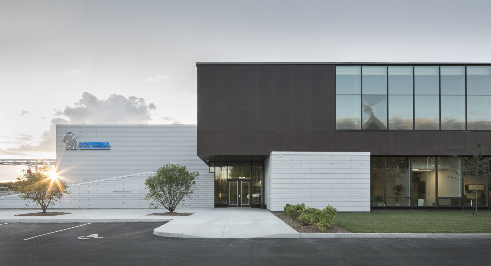 SOPREMA's modern manufacturing facility in Drummondville at dusk