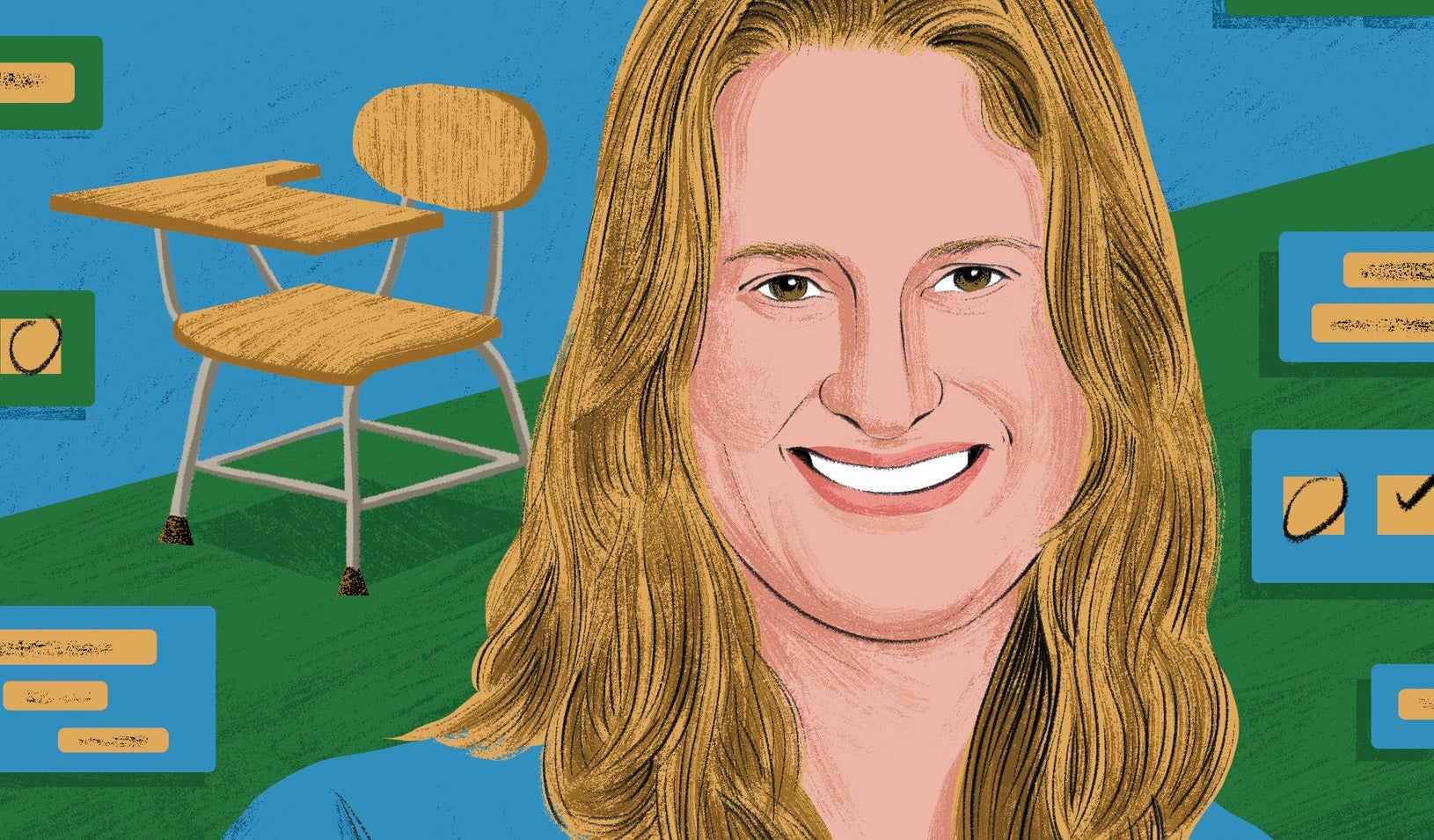 Editorial illustration of Emily Bailard surrounded by classroom desks and attendance reminders