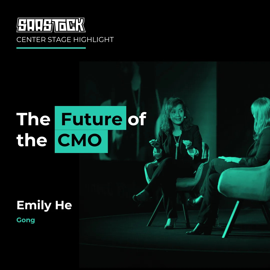 Emily He speaking on stage during a SaaStock conversation about the future of the CMO