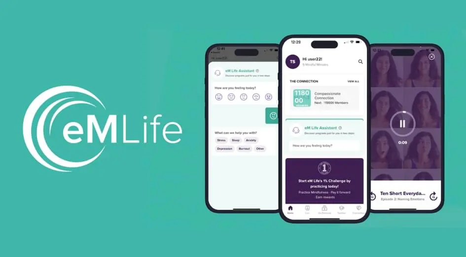 Official eM Life product image showing three phones with check-ins, community features, and mindfulness content