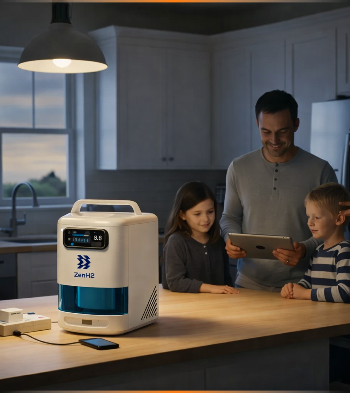 The ZenH2 hydrogen generator sitting on a kitchen counter beside a family