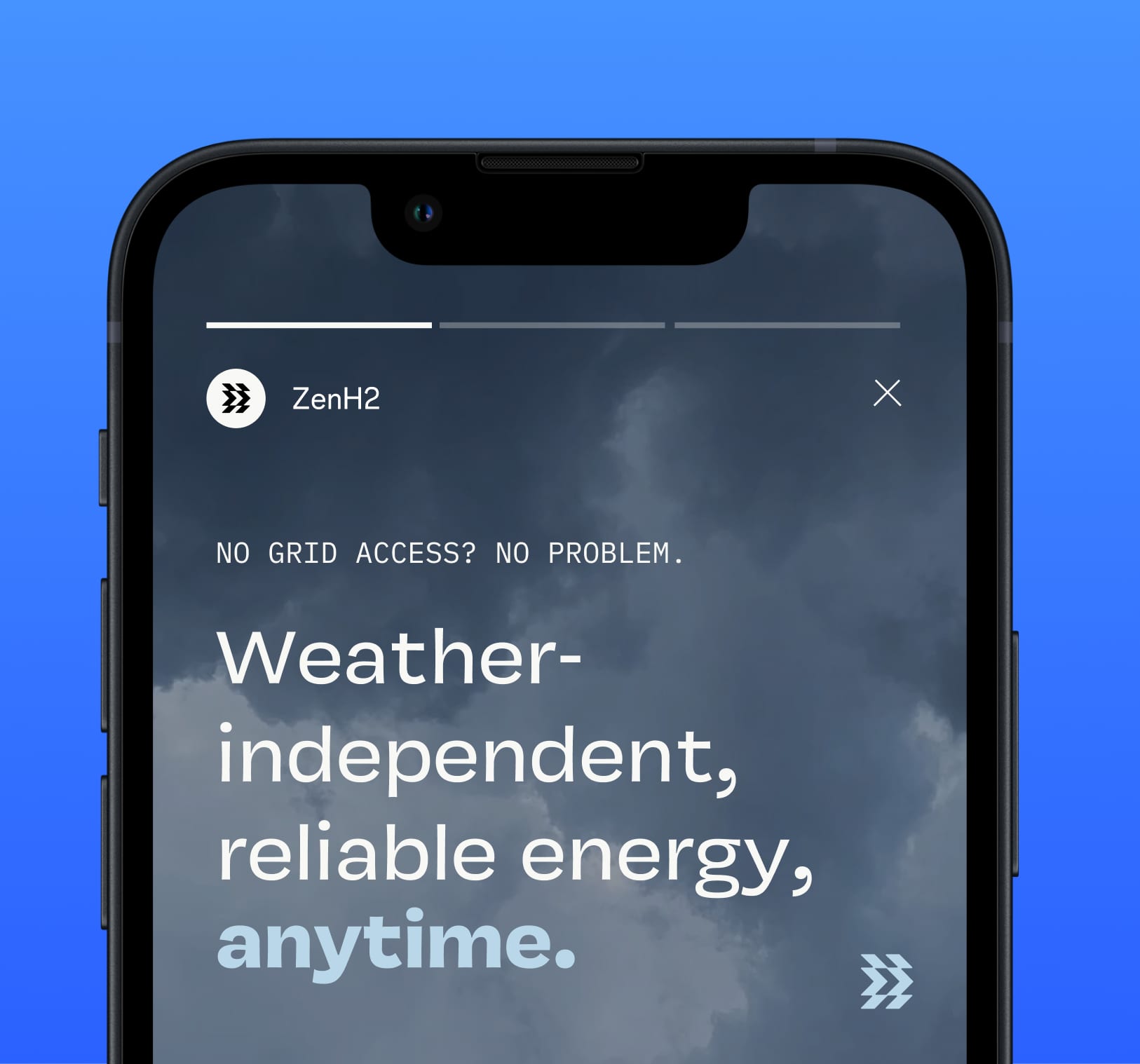 ZenH2 brand campaign frame reading weather-independent, reliable energy, anytime