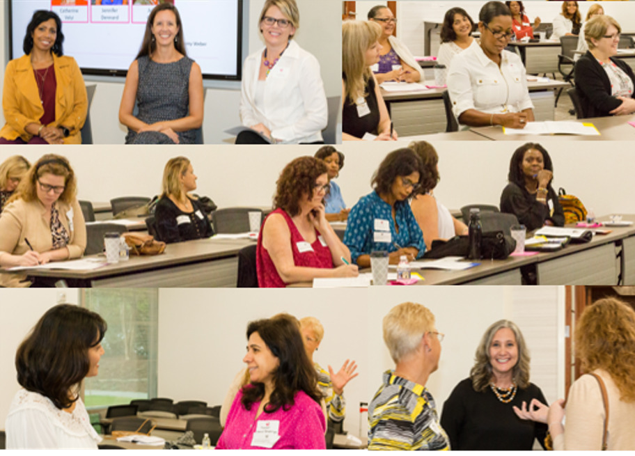 A collage of Women With Dynamic Purpose gatherings, including Emmy Weber speaking with and standing among participants