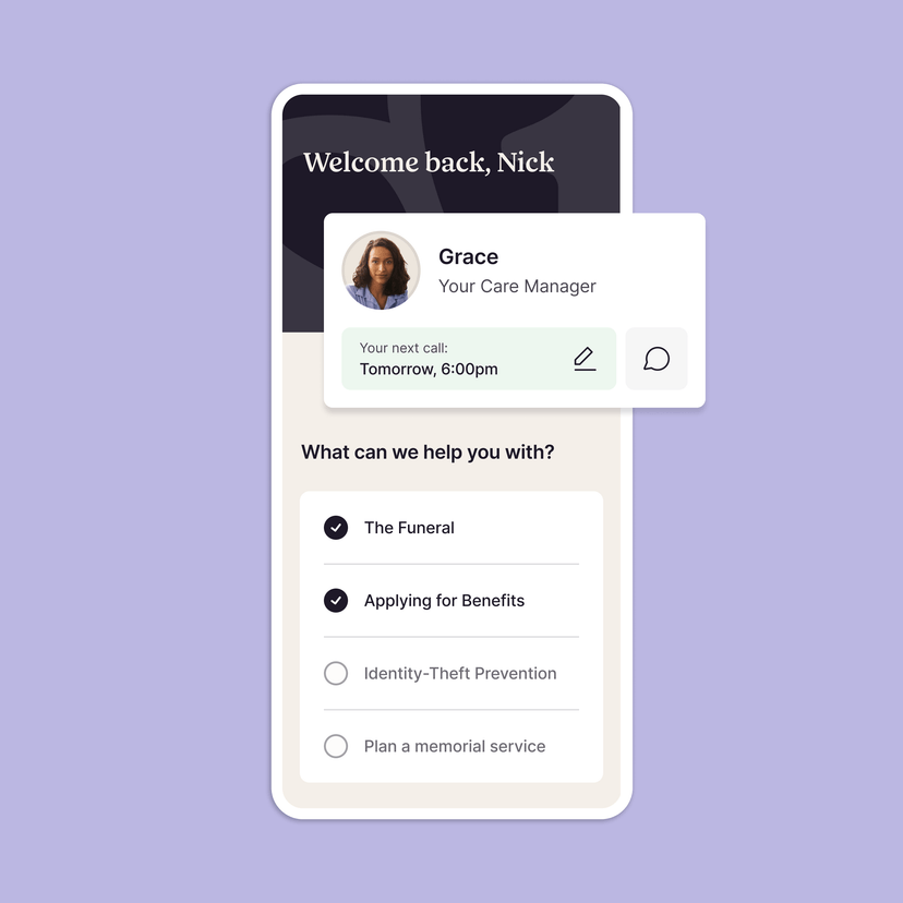 Empathy Loss Support interface showing a Care Manager and personalized tasks