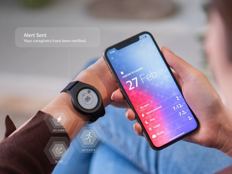 EpiMonitor wearable and smartphone app showing seizure, sleep and activity information