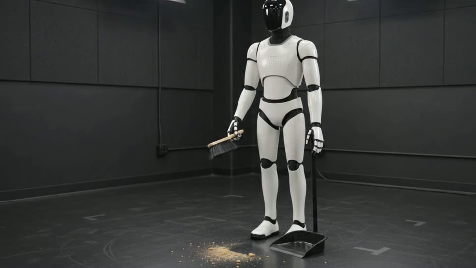 Foundry promotional image depicting a humanoid robot holding a brush beside a dustpan