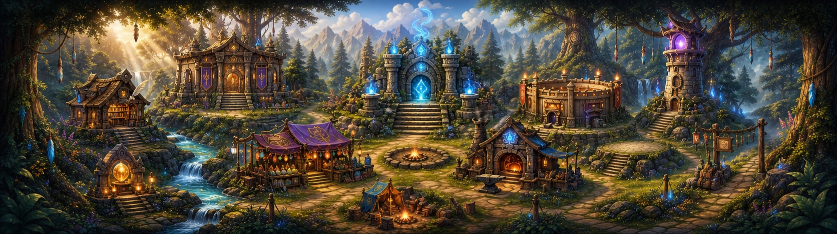 TotemBound’s illustrated woodland village, with glowing portals, a forge and market stalls