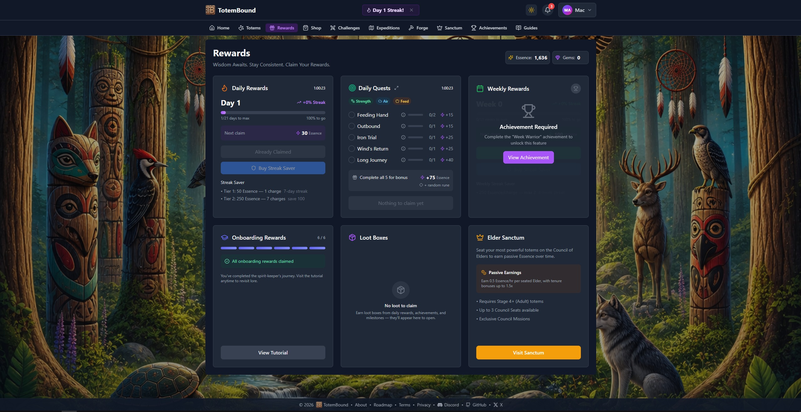 TotemBound rewards screen showing daily quests, streaks and Elder Sanctum earnings