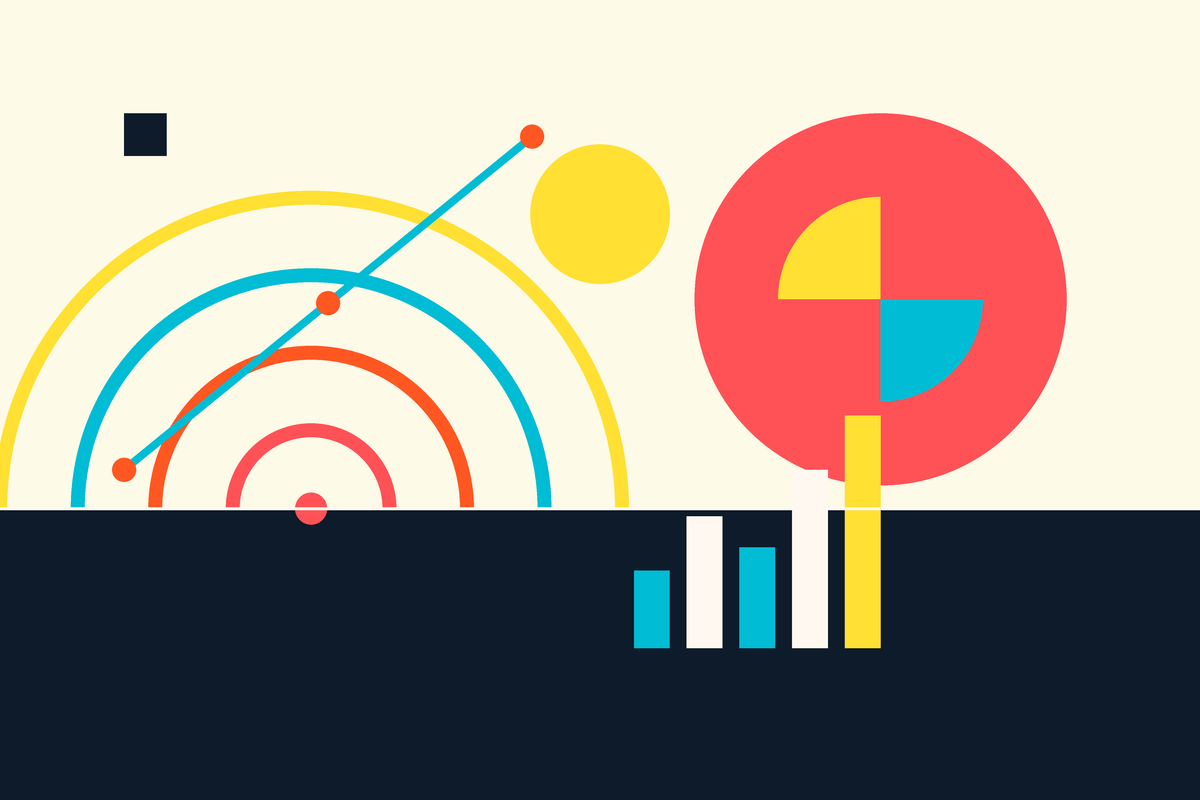 Swiss-style graphic showing signal ripples, a bar chart, and unified brand shapes