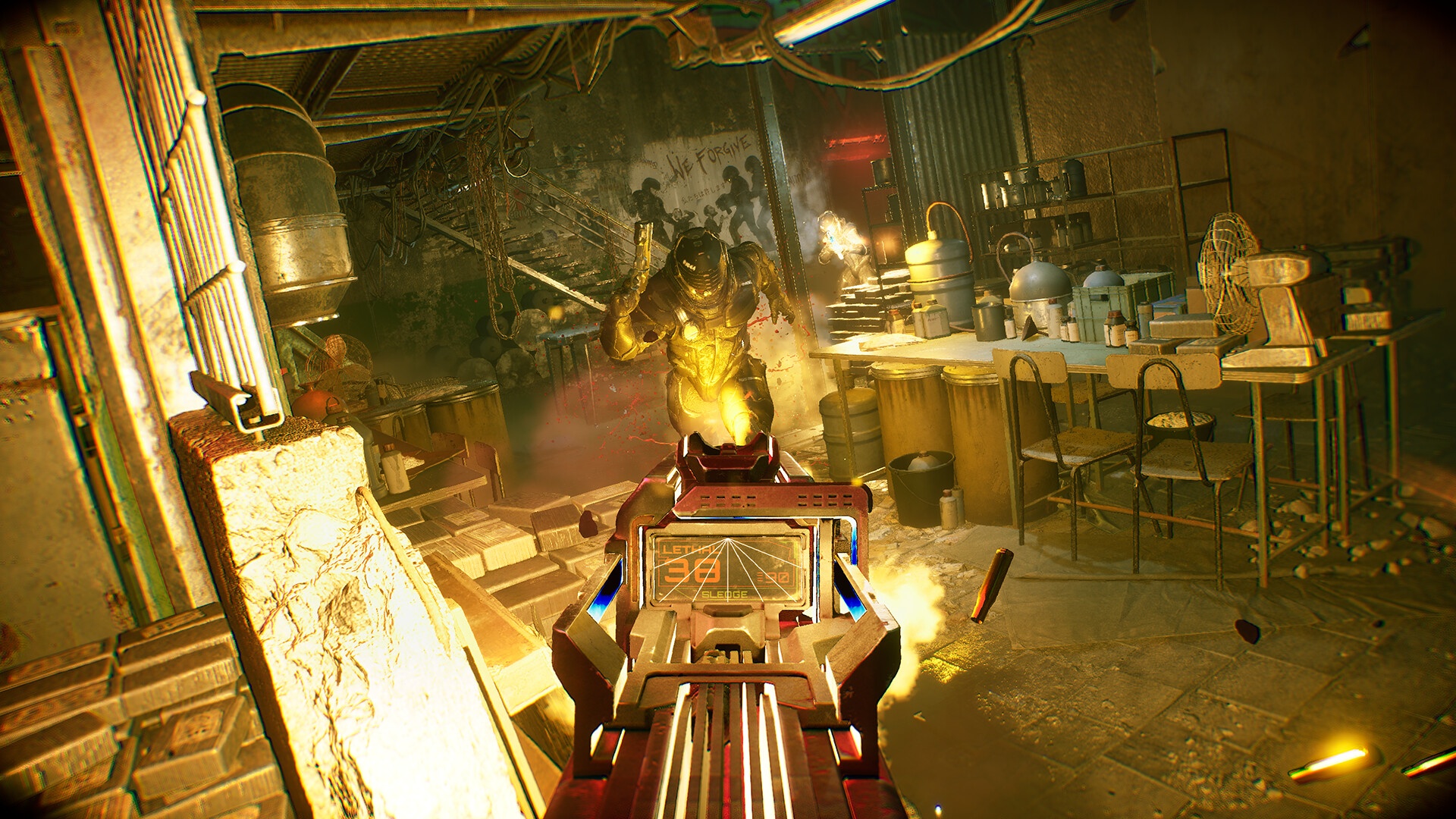 A first-person firefight in a cramped, cluttered room in DEFECT