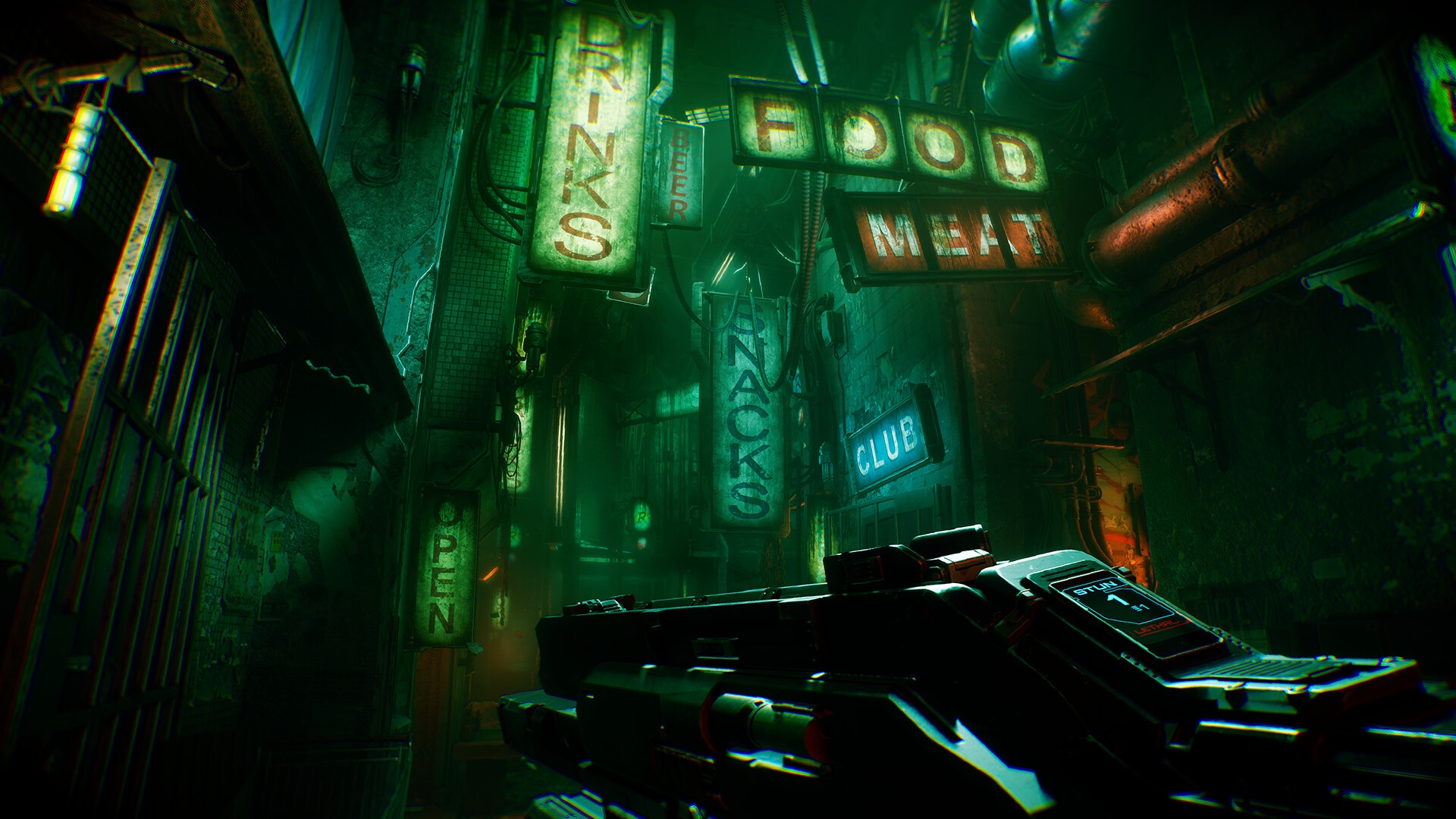 A narrow cyberpunk passage with glowing food and club signs in DEFECT