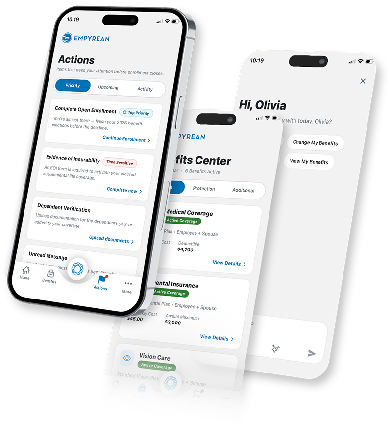 Three Empyrean mobile screens showing employee resources, benefits, and a healthcare ID card