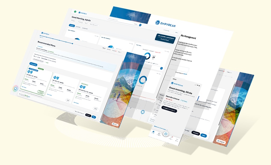 Empyrean benefits platform interface montage showing plan recommendations and employee and administrator screens