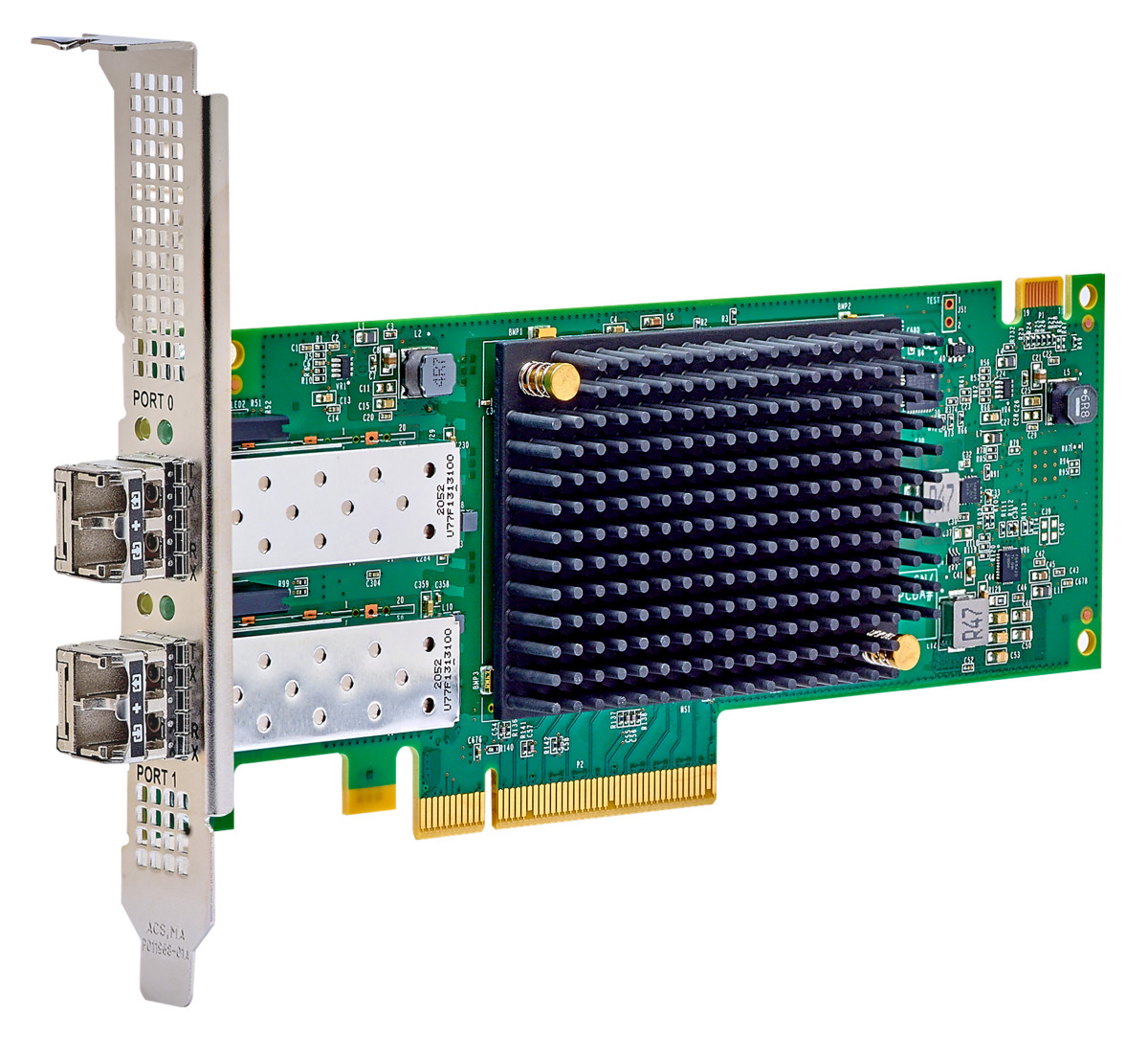 Lenovo ThinkSystem Emulex LPe36002 dual-port Fibre Channel adapter, showing its circuit board, heatsink and optical ports