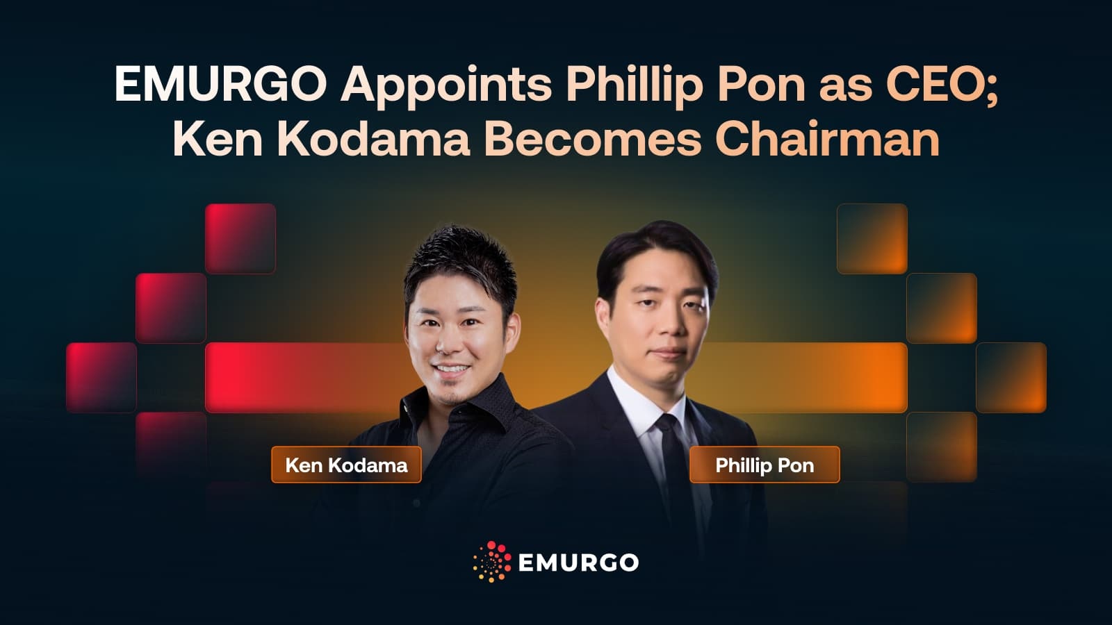 EMURGO announcement artwork for Phillip Pon’s appointment as CEO and Ken Kodama’s move to chairman