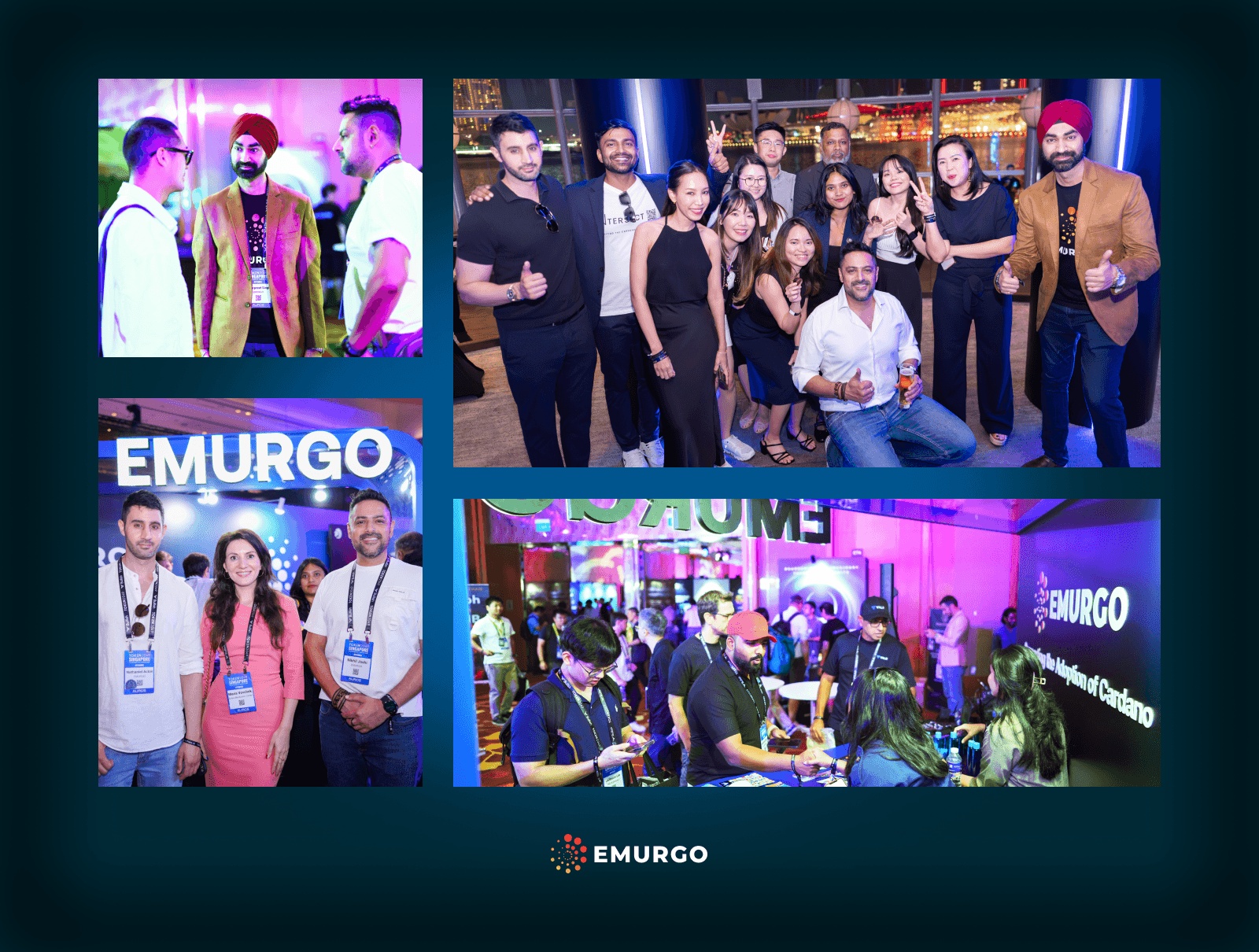 EMURGO’s 2024 event collage showing conversations, a group photograph and a busy conference booth