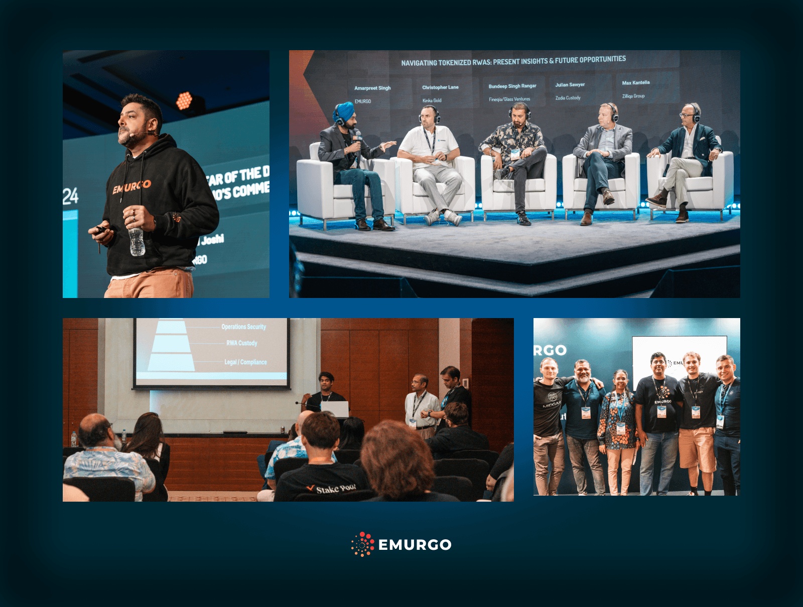 EMURGO’s 2024 conference collage with speakers, a tokenization panel and participants