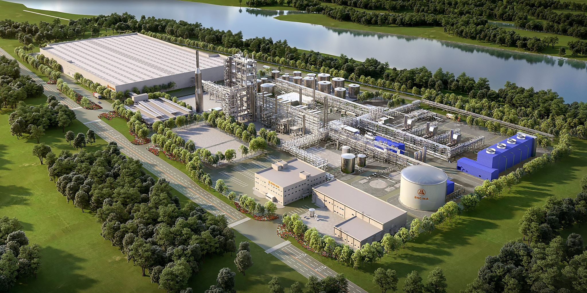 ENCINA’s 2024 illustration of a proposed circular chemicals facility with processing equipment and storage tanks