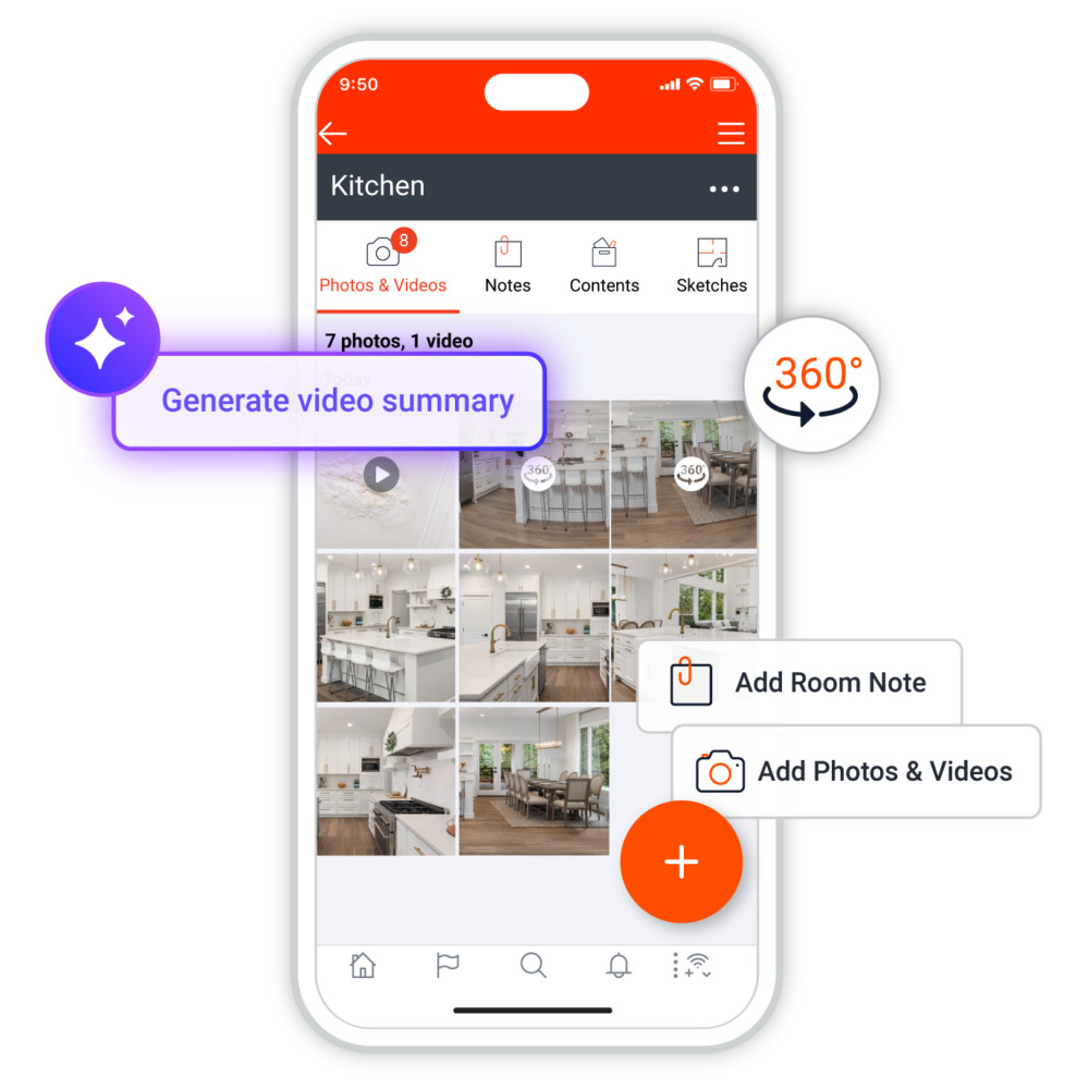 Encircle mobile app showing room-based photos, video summary and field documentation controls