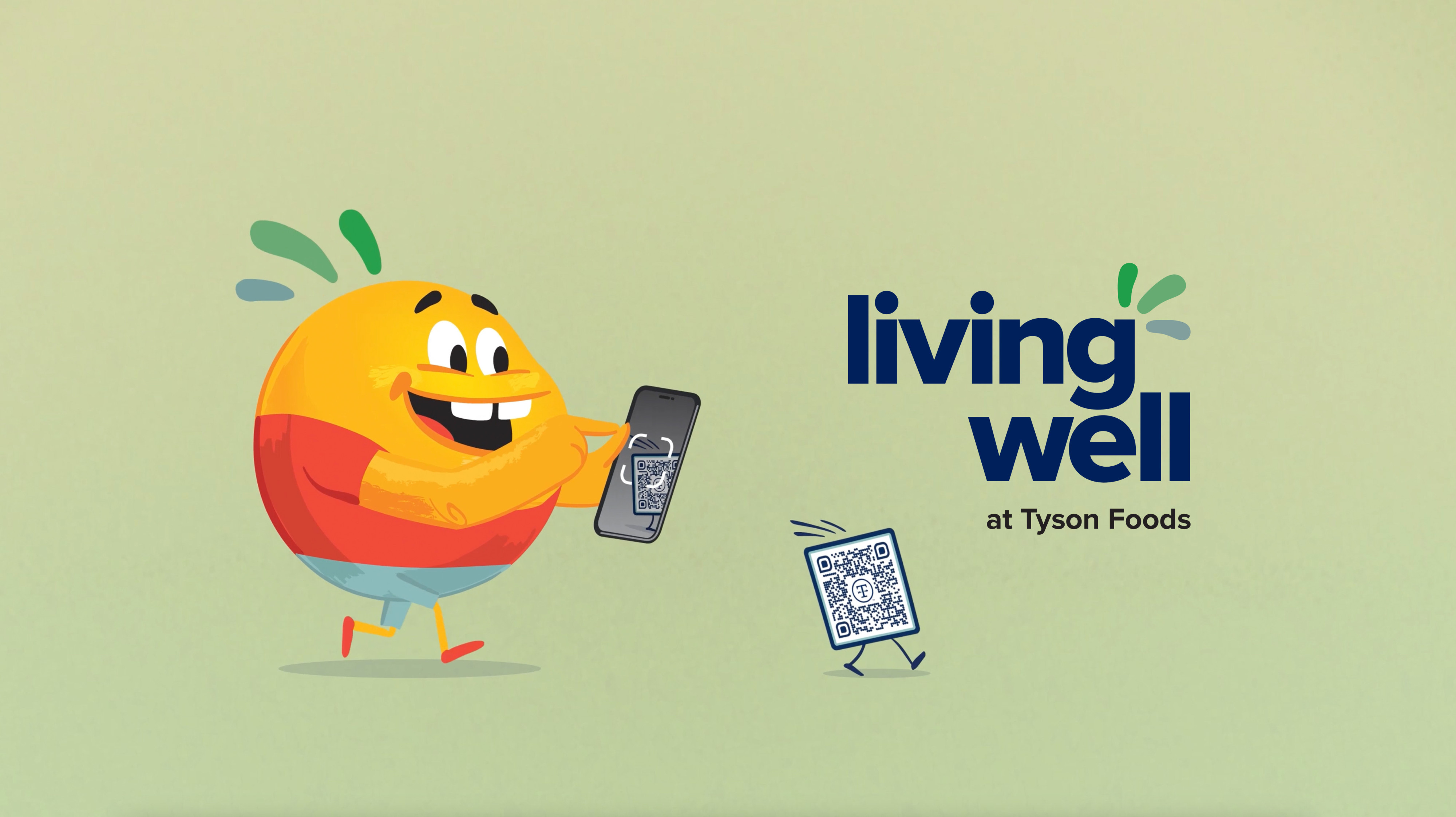 Ty Wellbe, a yellow animated character, holds a phone beside the Living Well at Tyson Foods logo