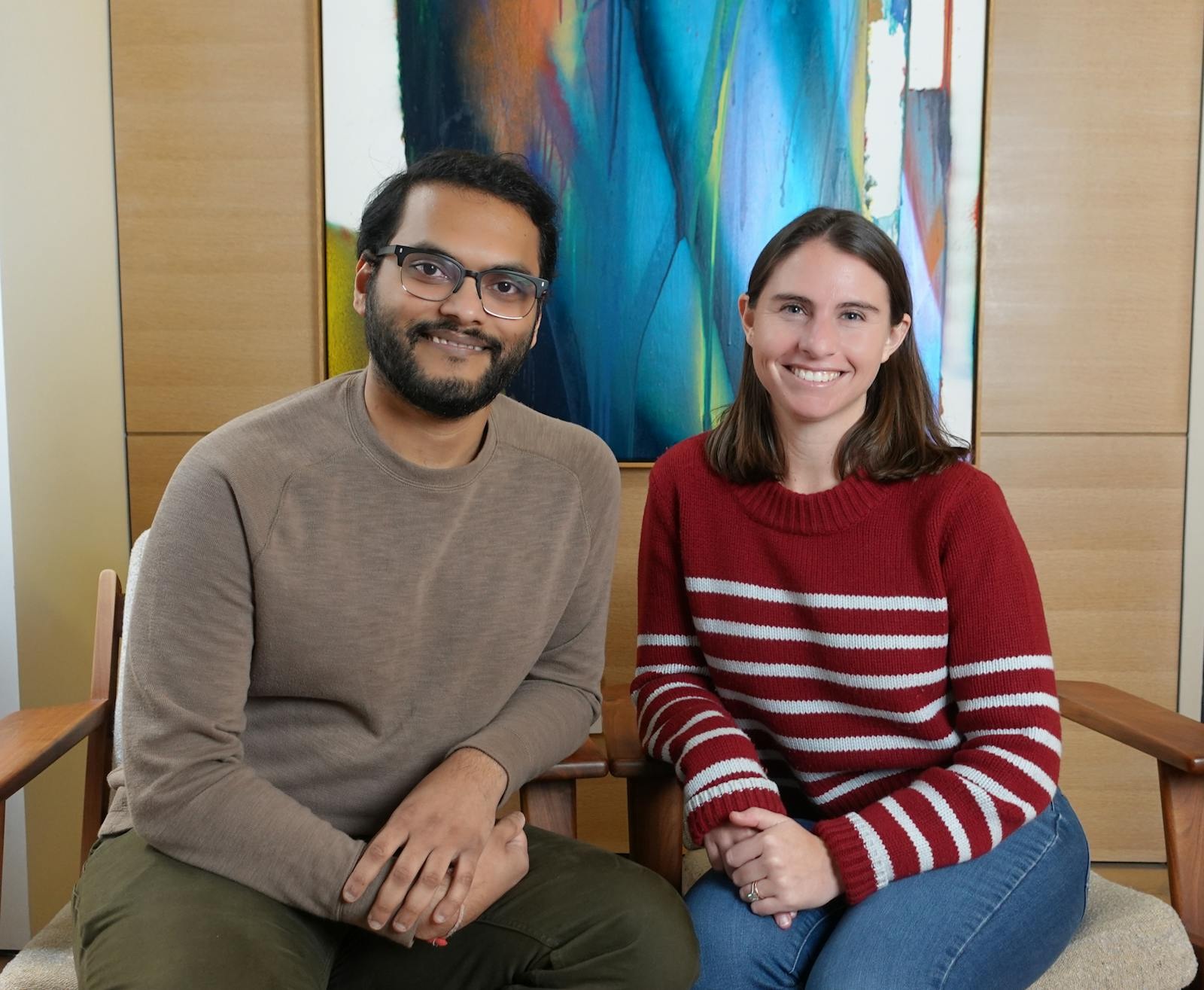 Endear co-founders Jinesh Shah, left, and Leigh Sevin, right, seated together
