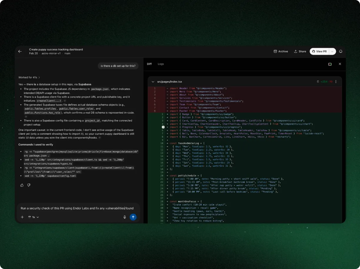 AI coding assistant beside a code diff, with an Endor Labs security-check prompt