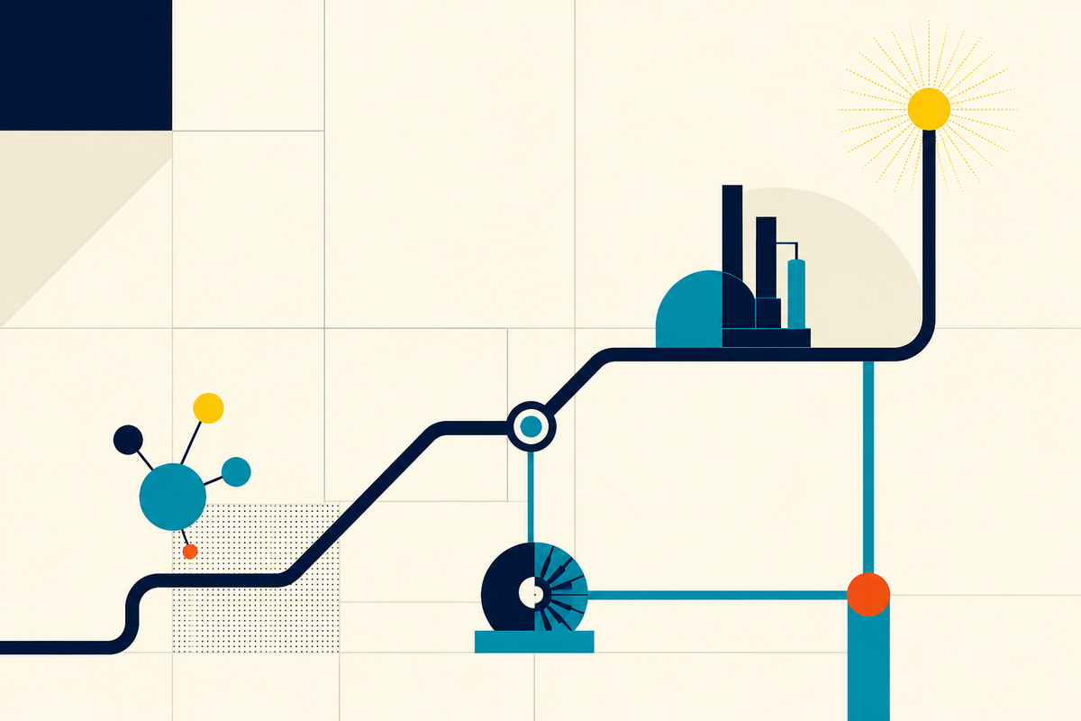 Abstract Swiss-style illustration of molecules, pipelines, a turbine and industrial energy equipment
