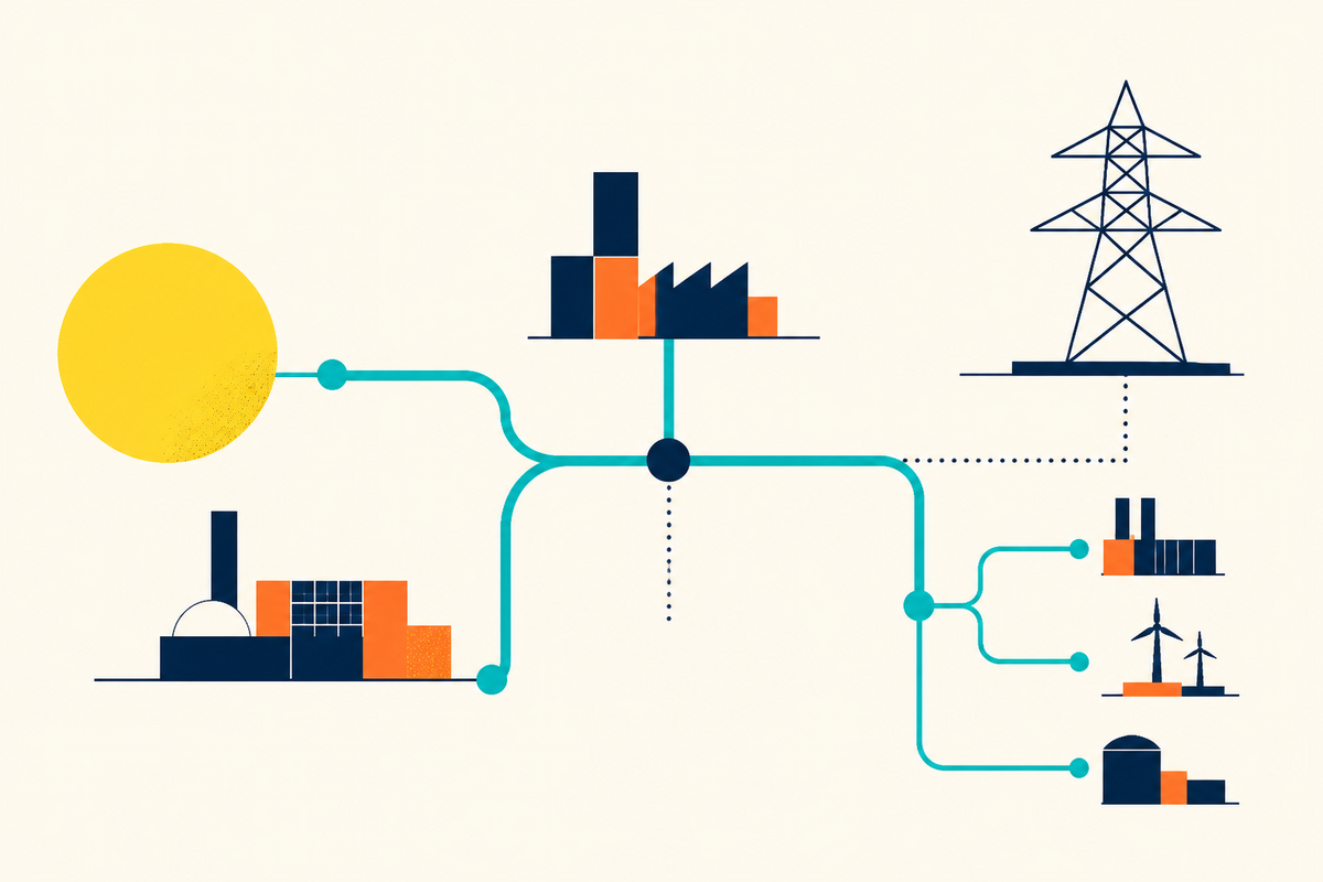 Abstract Swiss-style illustration showing capital connected to factories, a power grid and clean-energy infrastructure