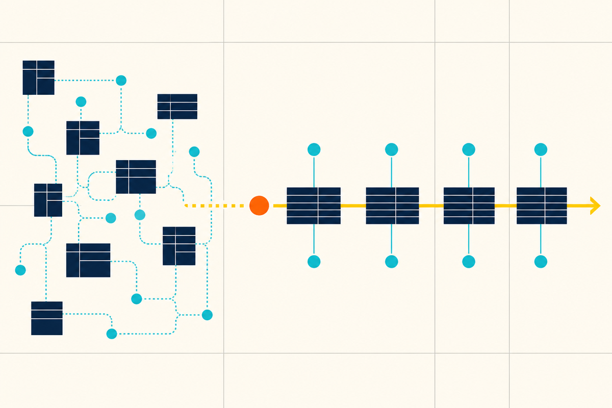 Geometric illustration of disconnected workforce systems becoming one orderly operational flow