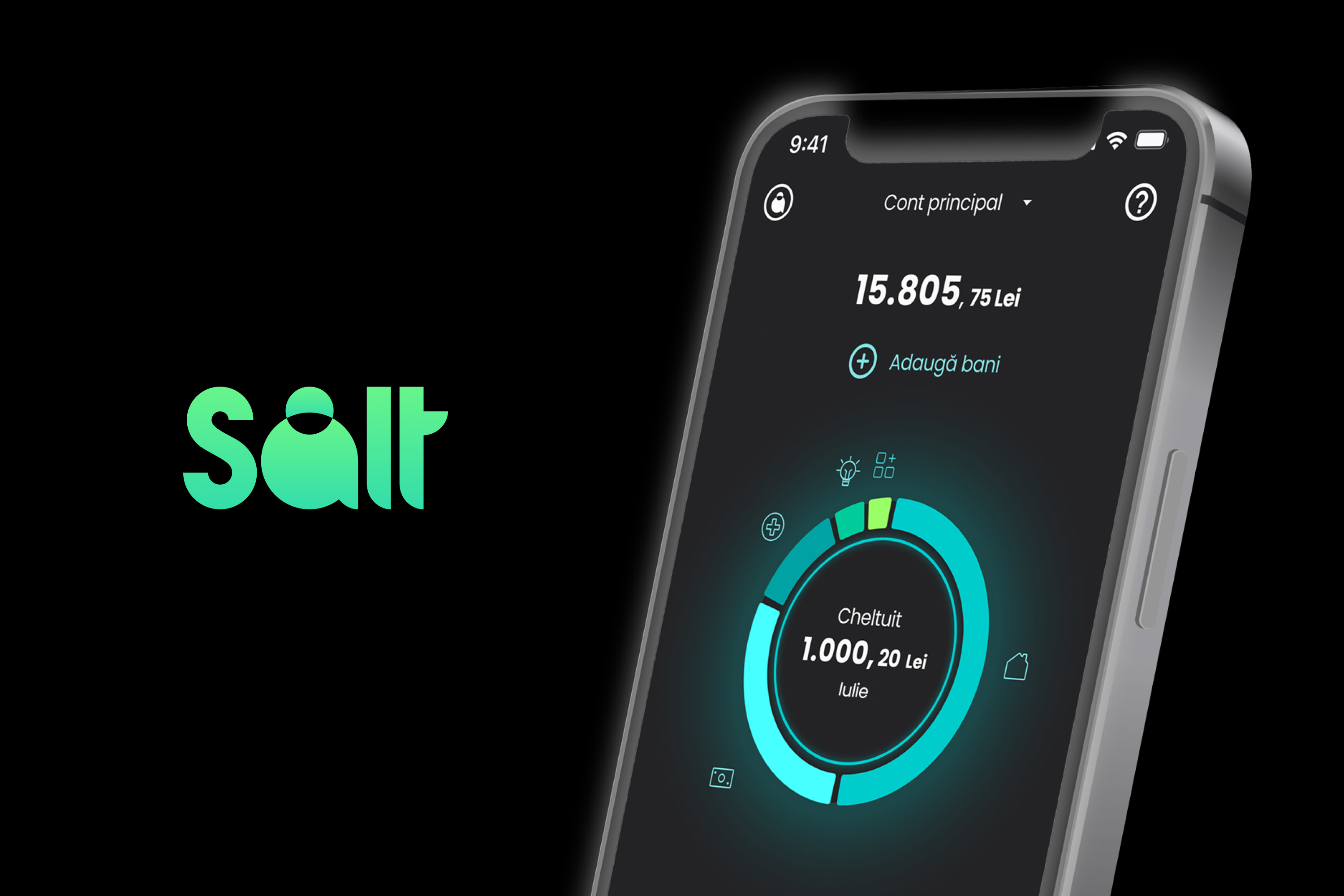 Salt Bank mobile app showing a Romanian-leu balance and circular spending breakdown