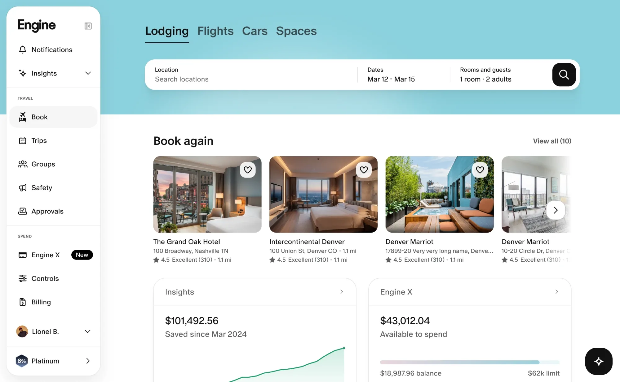 Engine desktop interface showing travel search, recent bookings and spending tools