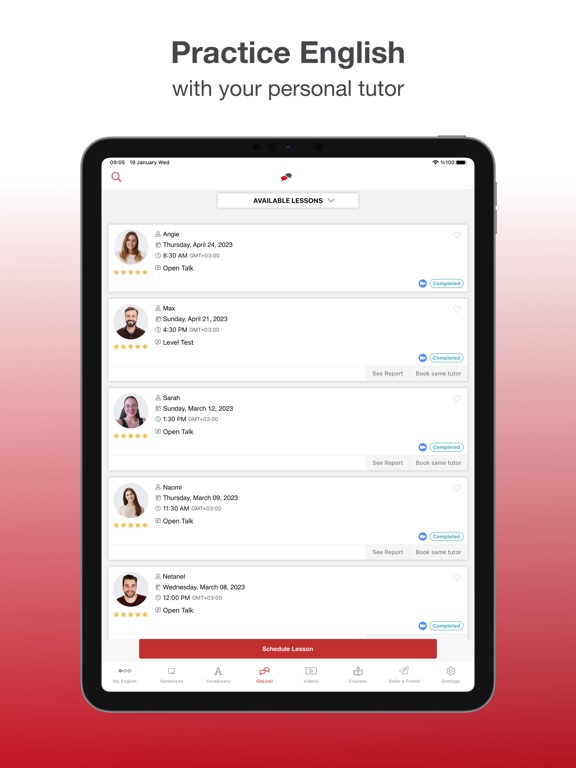 EnglishCentral’s published iPad product screenshot showing scheduled lessons and tutor profiles