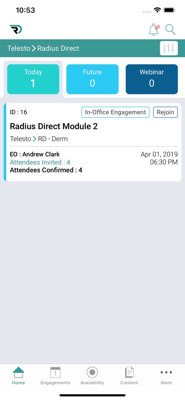 Official Radius Direct App Store screenshot showing a sample upcoming engagement and attendee confirmations.