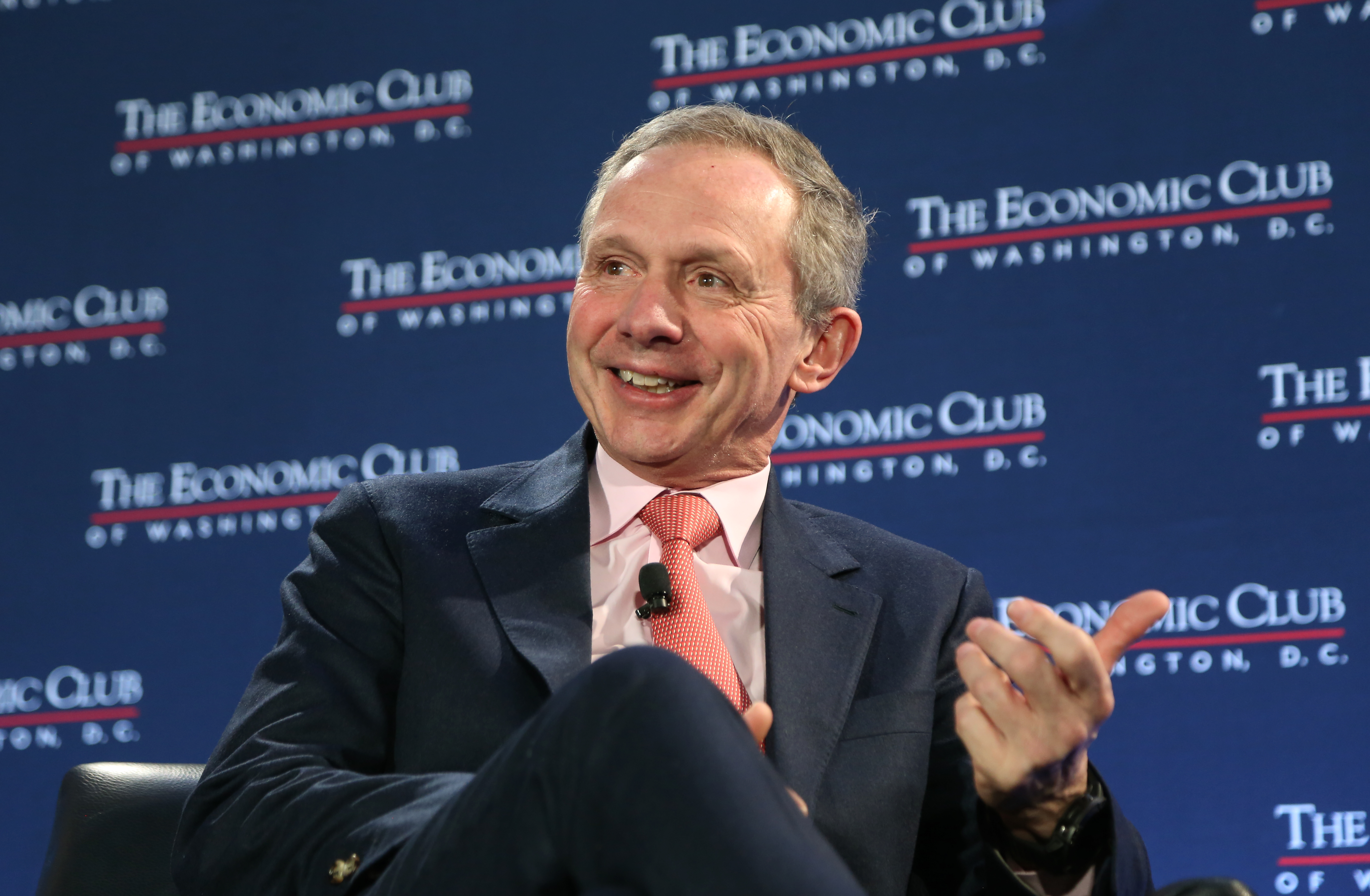 Enrique Lores smiling and gesturing during his Economic Club interview in Washington in February 2024