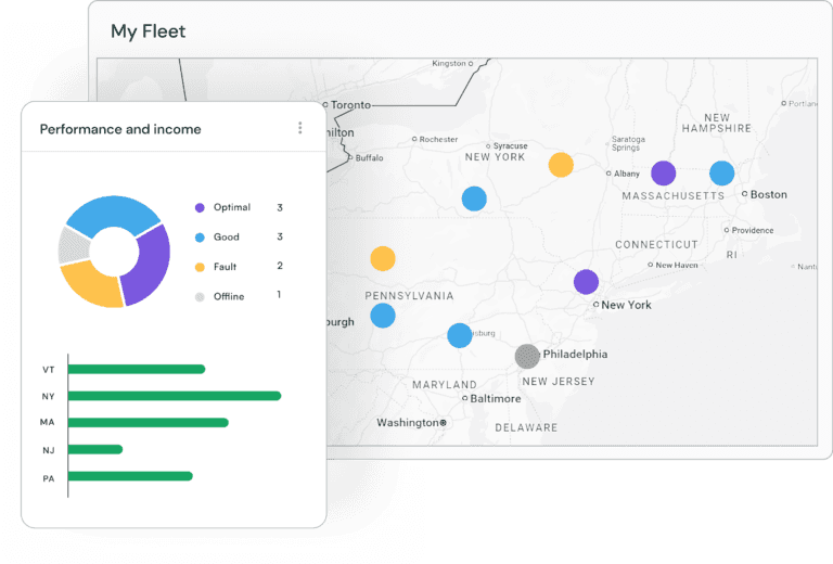 enSights product illustration combining a fleet map with performance and income indicators