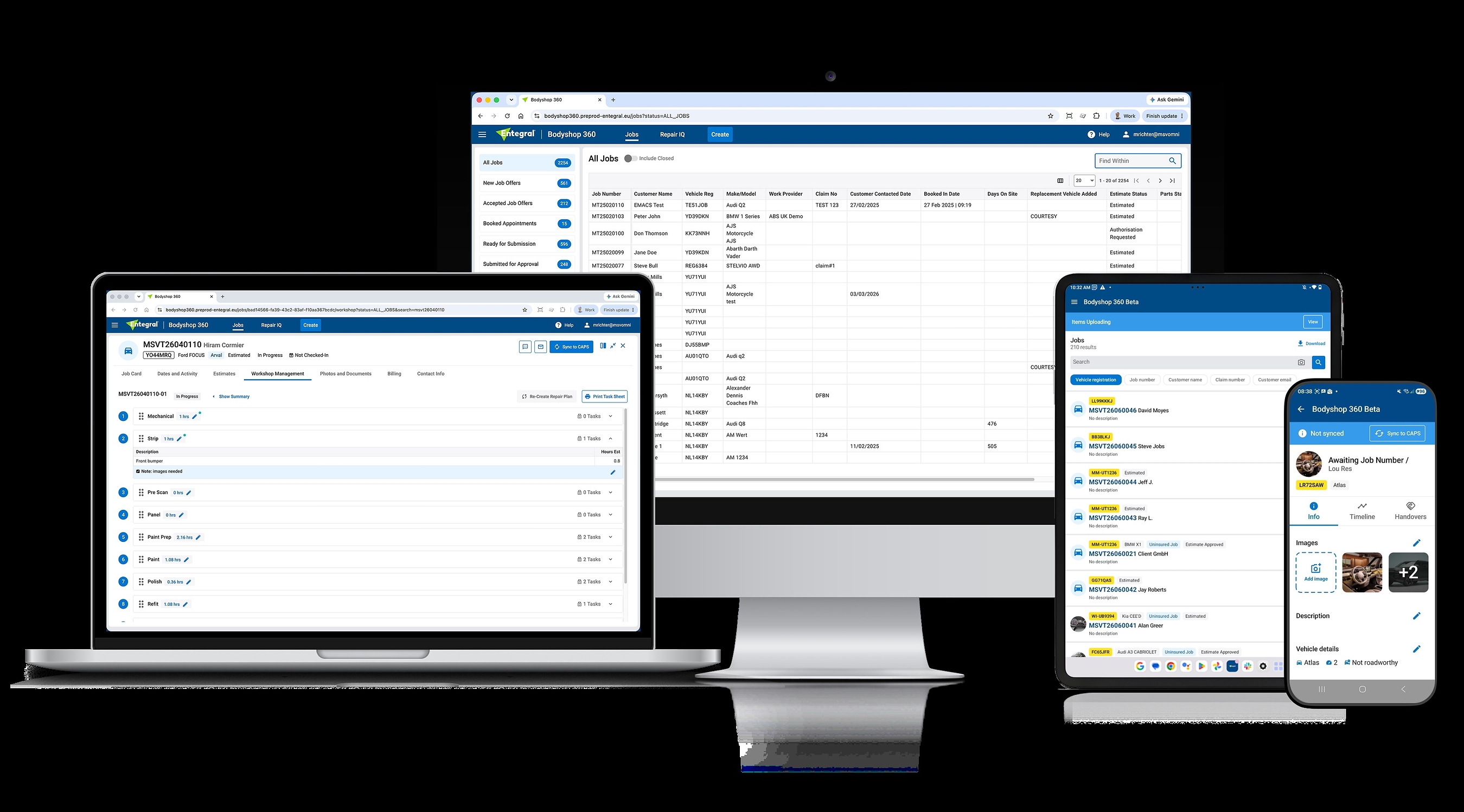 Bodyshop 360 repair management software displayed across desktop, tablet and mobile devices