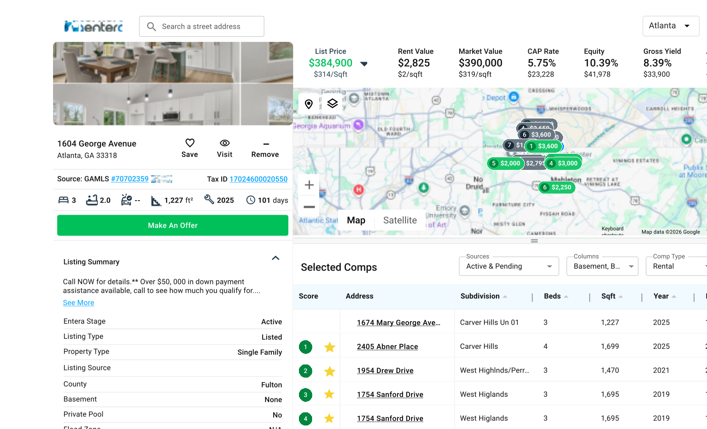 Entera acquisition interface showing a property, a map and comparable homes