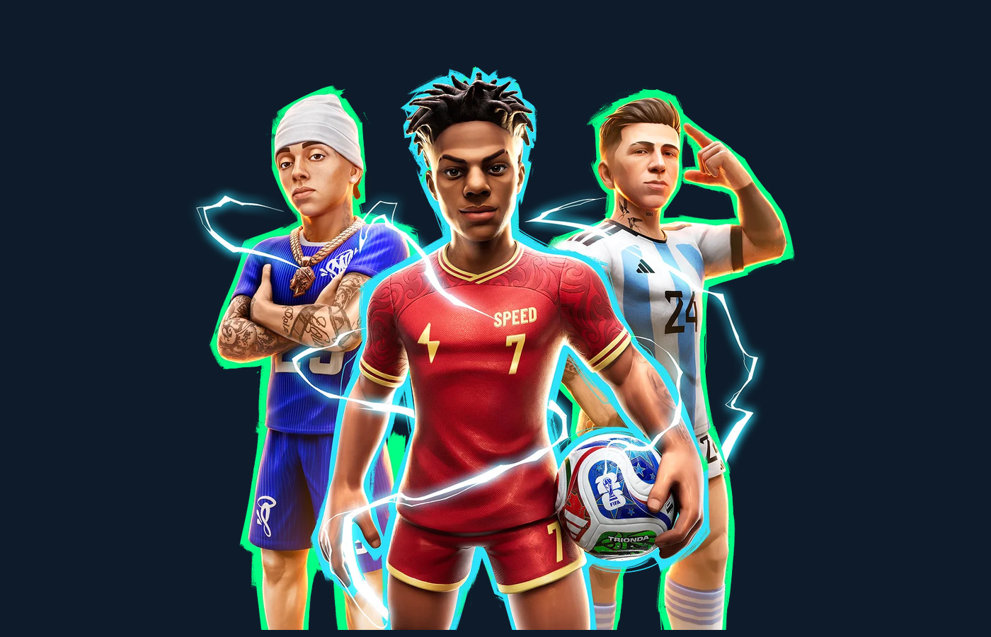 Three stylized FIFA Heroes football characters, including a central player holding a ball